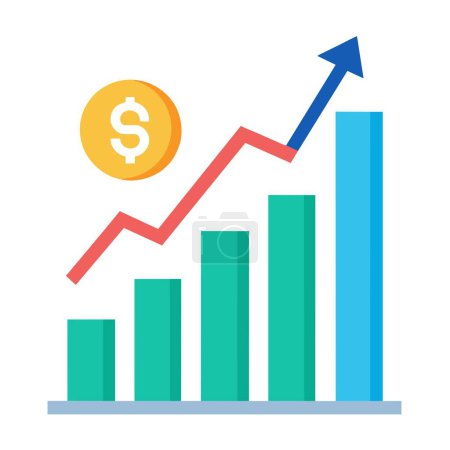 An illustration displays a bar chart graphing increasing values with a rising arrow symbolized by a dollar sign