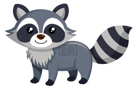 Detailed vector illustration of a cheerful cartoon raccoon in grayscale, with cute and friendly characteristics