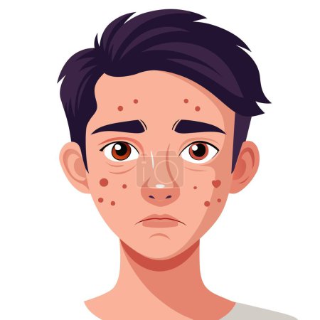 A cartoon depicts a young man with acne on forehead, nose, and cheek. His jaw is prominent, with exaggerated eyelashes, giving a joyful vibe through playful gestures