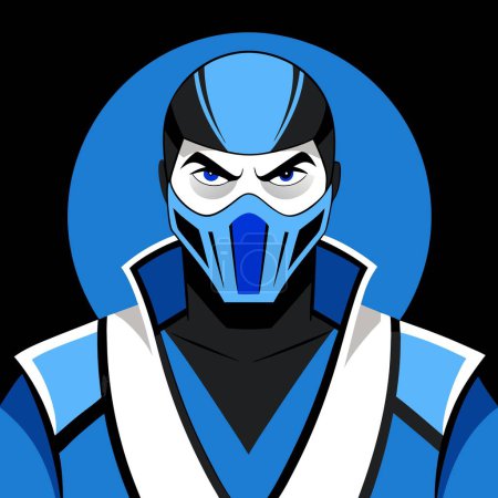 Une représentation cartoon de Sub Zero du jeu vidéo Mortal Kombat, portant un masque bleu et un comportement glacé