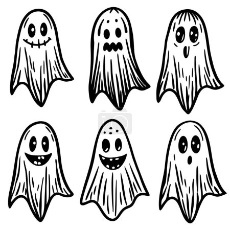 Una colección de fantasmas dibujados a mano con varias expresiones faciales sobre un fondo blanco