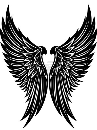 Illustration for A beautiful pair of black and white angel wings shining against a bright white background - Royalty Free Image