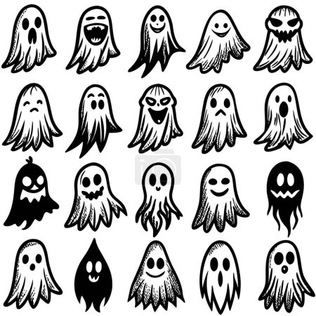 Mehrere schwarz-weiße Geisterfiguren mit verschiedenen Gesichtsausdrücken vor weißem Hintergrund