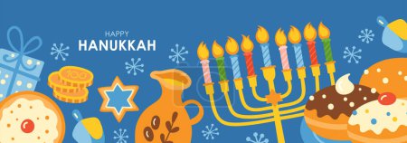Illustration for Jewish holiday Hanukkah cute banner design. Childish print for cards, stickers and party invitations. Vector illustration - Royalty Free Image