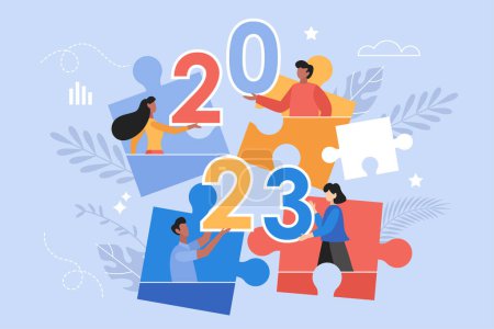 Illustration for New Year 2023 business concept. Modern vector illustration of people team holding 2023 numbers with puzzle jigsaw elements - Royalty Free Image