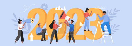 Ilustración de Año Nuevo 2023 tendencias, planes y concepto de negocio de crecimiento. Ilustración vectorial moderna de personas trabajo en equipo para el diseño web - Imagen libre de derechos