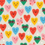 Seamless pattern design for Valentine's day with cute retro heart shapes characters . Childish print for wrapping paper, party invitation and background