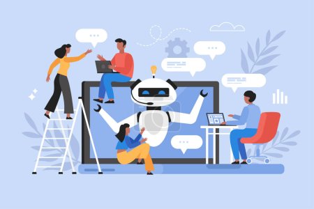 Illustration for Artificial intelligence chat service business concept. Modern vector illustration of people using AI technology and talking to chatbot on website - Royalty Free Image