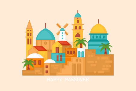 Téléchargez les illustrations : Joyeux design de carte de vœux de Pâque avec Jérusalem skyline de la ville. Illustration vectorielle - en licence libre de droit