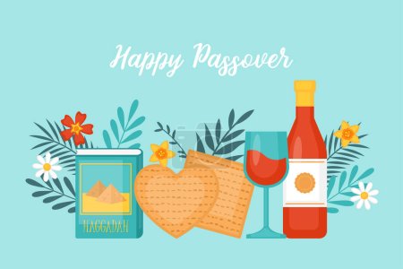 Illustration for Passover holiday banner design with matzah, wine and spring flowers. Vector illustration - Royalty Free Image