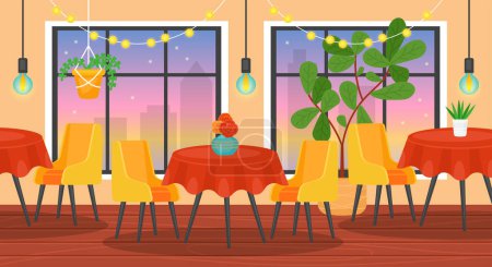Illustration for Restaurant interior with tables, chairs, plants and night view windows background. Vector illustration - Royalty Free Image