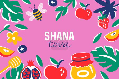 Téléchargez les illustrations : Fêtes juives Rosh Hashanah conception de bannière avec pot de miel, pomme, feuilles et grenade. Impression enfantine pour fond, carte de vœux ou poster - en licence libre de droit