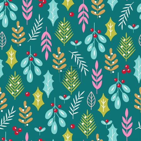 Nahtloses Muster für das Weihnachtsfest mit niedlichen Beeren, Zweigen und Blättern. Kindlicher Hintergrund für Stoff, Geschenkpapier, Textilien, Tapeten und Bekleidung