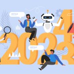 New Year 2024 trends, plans and growth business concept.  Modern vector illustration of people analyzing trends and using AI technology