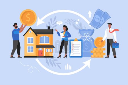 Reverse mortgage home loan business concept. Modern vector illustration of homeowner borrow money against the value of the house
