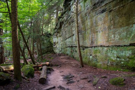 Hiking path next to stone wall on the Ledges Trail in Cuyahoga Valley National Park . High quality photo