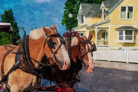 Photo for Digitally created watercolor painting of Pair of horses pulling a carriage on Mackinaw Island. High quality illustration - Royalty Free Image