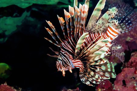 Photo for Digitally created watercolor painting of dangerous lionfish hovering over the coral reef. High quality illustration - Royalty Free Image