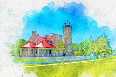 Photo for Digitally created watercolor painting of the grounds for the Old Mackinac Point Lighthouse. High quality photo - Royalty Free Image