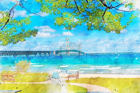 Foto de Pintura de acuarela creada digitalmente del puente de Mackinac con la zona de playa en un día de verano. - Imagen libre de derechos