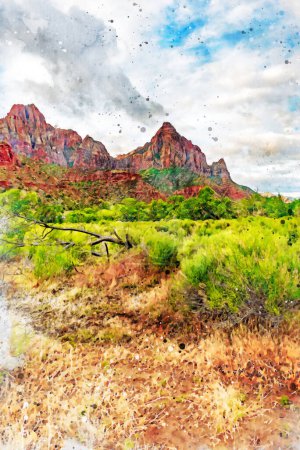 Créé numériquement aquarelle du gardien une formation rocheuse de kayenta du parc national de Sion dans l'Utah. Illustration de haute qualité