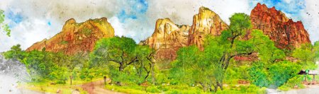 Foto de Creó digitalmente la pintura acuarela de la Corte de los Patriarcas, los Tres Patriarcas en el Parque Nacional de Zion. ilustración de alta calidad - Imagen libre de derechos