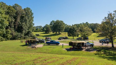 Photo for Burkesville, KY - August 11, 2023: Multiple small teardrop travel trailers parked at Dale Hollow State Park Campground Resort. High quality photo - Royalty Free Image