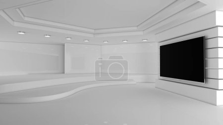 Fernsehstudio. News studio.3D rendering. Weißer Hintergrund. Weißes Studio. Hintergrund für jede Green Screen- oder Chroma-Key-Video- oder Fotoproduktion.
