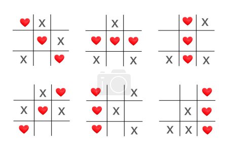 Foto de Game of tic-tac-toe with red hearts and crosses on white background. illustration for Valentine's Day and wedding invitation cards simple of love concept. - Imagen libre de derechos