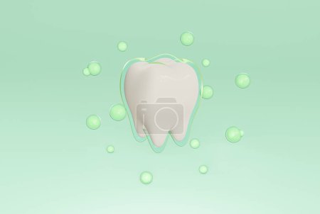 Téléchargez les photos : 3d rendu de dent avec bulle brillante verte sur fond de studio bleu. illustration style minimal pour le concept de soins dentaires. - en image libre de droit