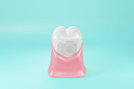 Téléchargez les photos : 3d rendu des dents dans les gencives sur fond bleu studio. illustration style minimal pour le concept de soins dentaires. - en image libre de droit