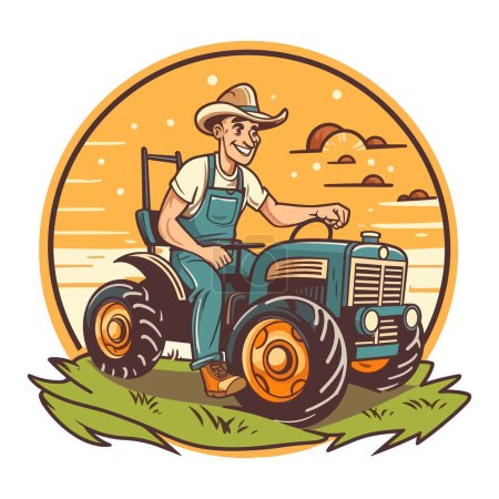 Un fermier conduit son tracteur. Un mode de vie sain, agriculture, concept de ferme. Illustration vectorielle de dessin animé. étiquette, autocollant, impression de t-shirt