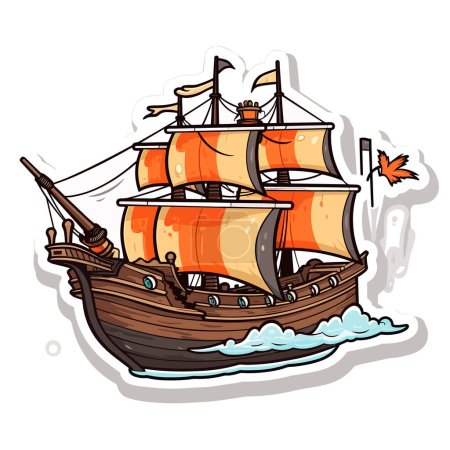 Illustration for A pirate ship is going out to sea. The adventure of the corsairs. An old medieval sailing ship. Cartoon vector illustration. label, sticker, t-shirt printing - Royalty Free Image