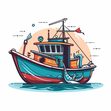 Un pequeño barco pesquero sale al mar. Ilustración vectorial de dibujos animados. etiqueta, pegatina, impresión de camisetas