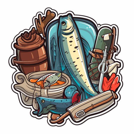 Ilustración de Equipamiento para pescadores. Pesca deportiva y hobby. Ilustración vectorial de dibujos animados. etiqueta, pegatina, impresión de camisetas - Imagen libre de derechos