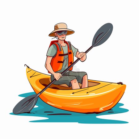 Ilustración de Un hombre remaba un kayak. Alquiler de kayaks. Deportes acuáticos. Ilustración vectorial de dibujos animados. etiqueta, pegatina, impresión de camisetas - Imagen libre de derechos