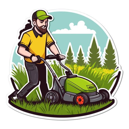 An enthusiastic gardener aerates the lawn with a cultivator. Gardening concept. Cartoon vector illustration. label, sticker, t-shirt printing