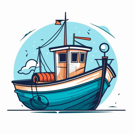 Un pequeño barco de pesca balanceándose sobre las olas. Ilustración vectorial de dibujos animados. etiqueta, pegatina, impresión de camisetas