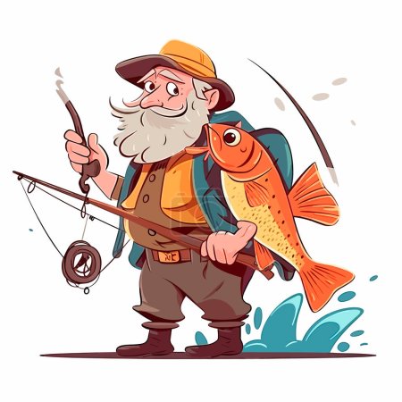 Ein Fischer fängt Fische. Angelausrüstung. Zeichentrickvektorillustration. Etikett, Aufkleber, T-Shirt-Druck