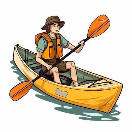 Ilustración de Una chica remaba un kayak. Alquiler de kayaks. Deportes acuáticos. Ilustración vectorial de dibujos animados. etiqueta, pegatina, impresión de camisetas - Imagen libre de derechos
