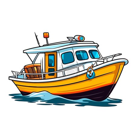 Ilustración de Pequeño barco de excursión turística. Barco a motor para buceadores o pescadores. Ilustración vectorial de dibujos animados. etiqueta, pegatina, impresión de camisetas - Imagen libre de derechos