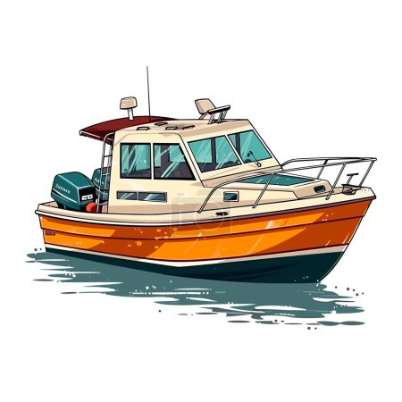 Ilustración de Barco a motor para buceadores o pescadores. Pequeño barco de excursión turística. Ilustración vectorial de dibujos animados. etiqueta, pegatina, impresión de camisetas - Imagen libre de derechos