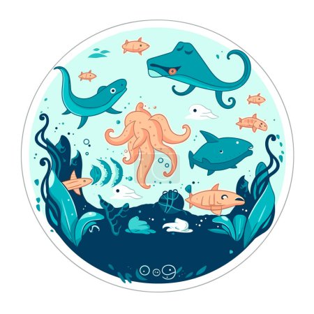 Marine aquarium, aquatic reserve, ocean life, cartoon vector illustration. label, sticker, t-shirt printing