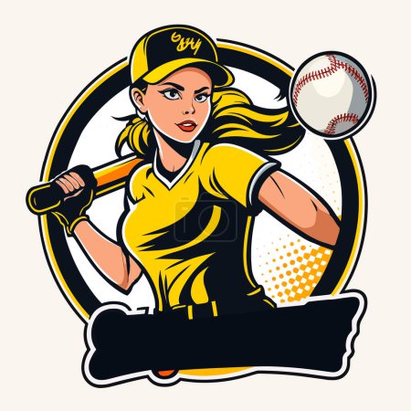 Jeune adolescente jouant au softball. Les disciplines sportives. illustration vectorielle dessin animé, étiquette, autocollant, fond blanc