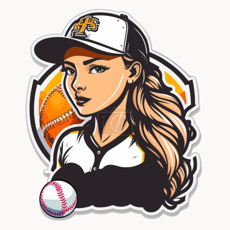 Illustration for Young girl with a ponytail hitting a baseball off of a tee stand with a bat. cartoon vector illustration, white background, label, sticker - Royalty Free Image