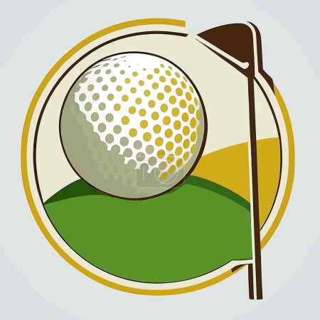 Club de golf y pelota en la hierba. Símbolo de equipamiento deportivo. ilustración vector de dibujos animados, etiqueta, pegatina