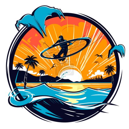 Ilustración de Kiteboarding rider sportsman jumps high acrobatics. Actividad recreativa y deportes acuáticos extremadamente activos. ilustración vector de dibujos animados, etiqueta, pegatina - Imagen libre de derechos