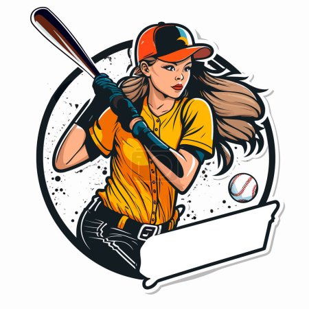Jeune adolescente jouant au softball. Les disciplines sportives. illustration vectorielle dessin animé, étiquette, autocollant, fond blanc