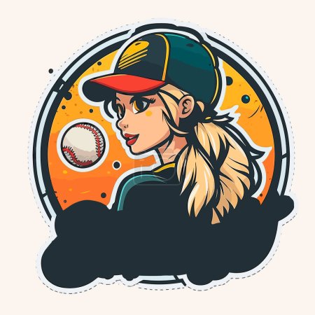 Illustration for Young girl with a ponytail hitting a baseball off of a tee stand with a bat. cartoon vector illustration, white background, label, sticker - Royalty Free Image