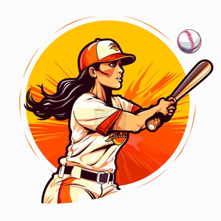 Jeune joueuse de baseball agile prête à frapper la balle. illustration vectorielle dessin animé, étiquette, autocollant, fond blanc